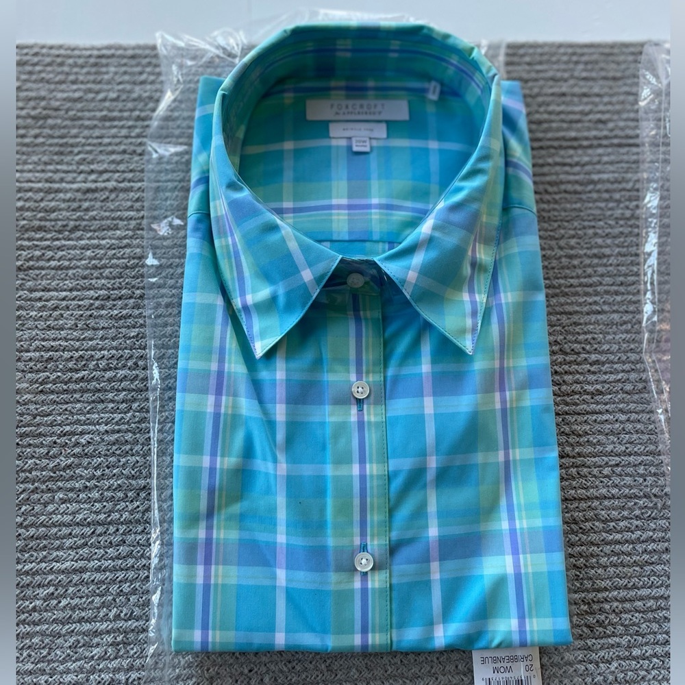 Foxcroft For Appleseeds Wrinkle Free Shaped Poplin Shirt Caribbean Blue Plaid